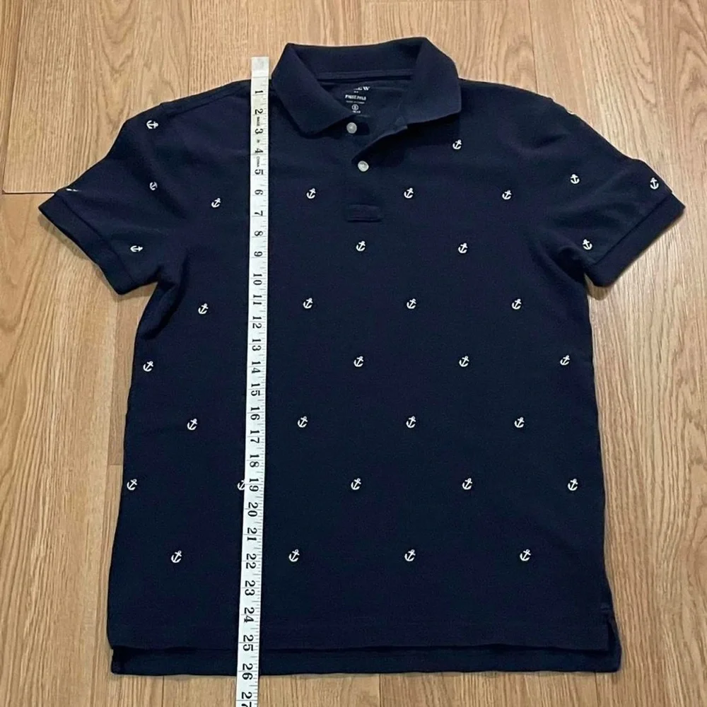 J.Crew Pique Polo Shirt Boys Small Anchor Print Slim Fit Short Sleeve Navy Blue